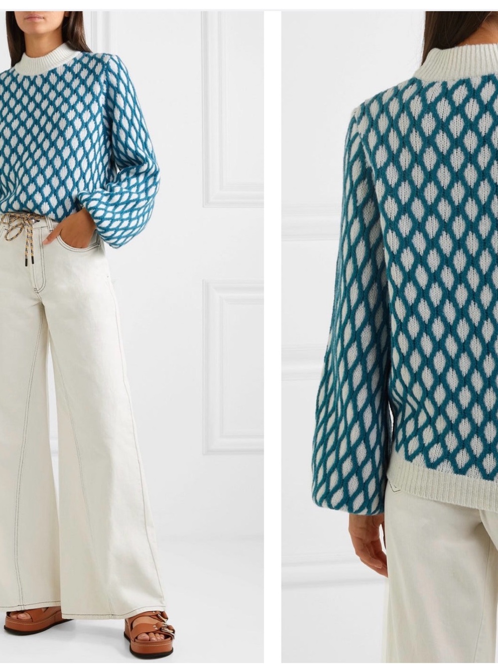 STINE GOYA STINE GOYA
Carlo Two-Tone Cable-Knit Sweater Cream and Teal Diamond-P